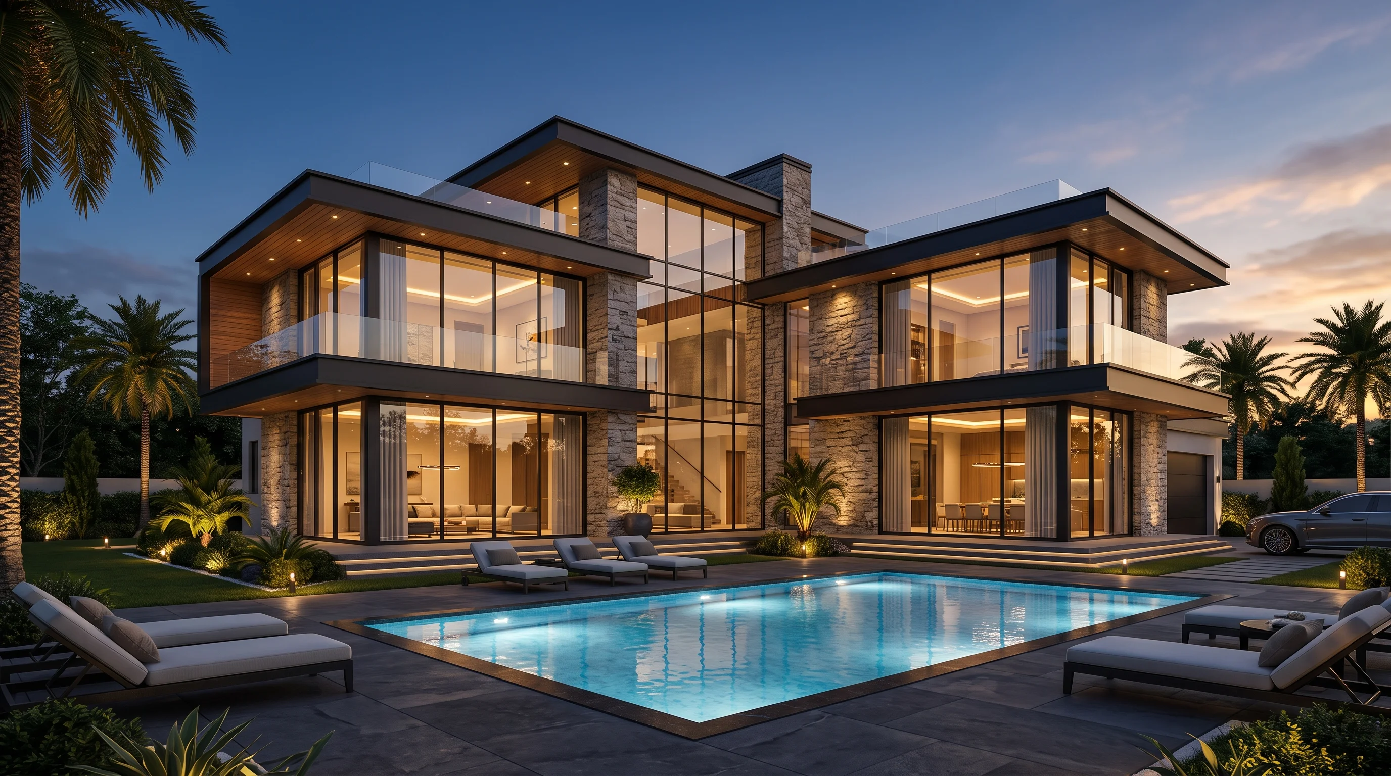Modern Luxury Architectural Villa at Twilight